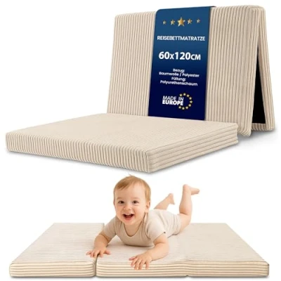 Afbeelding van Matelas lit de voyage 60x120cm pliable pliant épais pour bébés et enfants housse en coton déhoussable Beige B