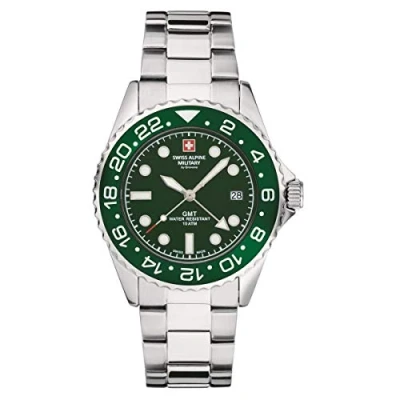 Afbeelding van Swiss Alpine Military herenhorloge GMT analoog kwarts 7052 roestvrij staal, Staal/groen/groen 1134sam, Armband