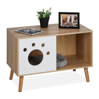 Afbeelding van Relaxdays kattenkast op pootjes kattenhuis voor binnen ombouw kattenbakkast modern