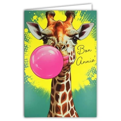 Afbeelding van 69 8108 fluo kaart met envelop, 12 x 17,5 cm, illustratie giraf, die een roze kauwgom bubbel, kauwgom, maakt, echte inkten, gemaakt en geproduceerd in Frankrijk