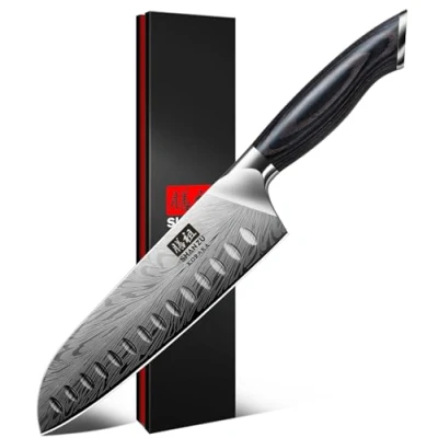 Afbeelding van SHAN ZU couteau Santoku en acier poudré, 18 cm, cuisine professionnelle, japonais super aiguisé dur, pour légumes et viande, manche ergonomique bois de Pakka