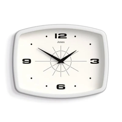 Afbeelding van Jones Clocks® Bioscoopwandklok, rechthoekige retro klok, 25 cm, wit, coole designlook voor keuken, woonkamer of kantoor