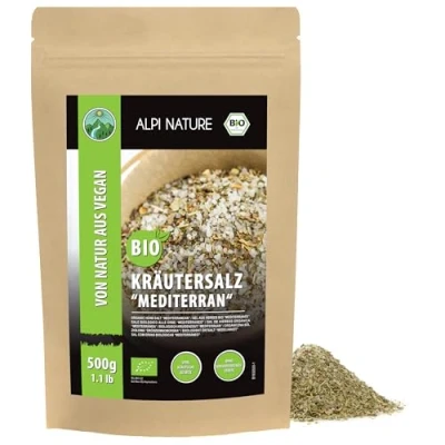 Afbeelding van Biologisch mediterrane kruidenzout (500 g) biologische kruidenmix 100% natuurlijk ingrediënten uit teelt voor marinades en rub zonder