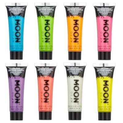 Afbeelding van Moon Glow 8 x 12 ml lichtgevende gezichts en lichaamskleur, fosforescerend, met UV sleutelhanger