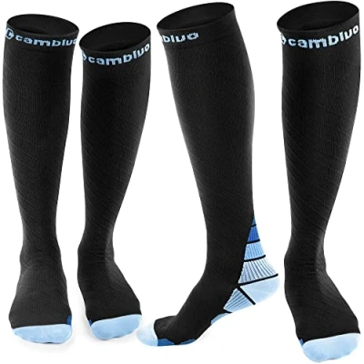 Afbeelding van CAMBIVO 2 paar compressiekousen voor dames en heren hardlopen, sport, vliegtuig, reizen, fietsen, Zwart &amp; Blauw