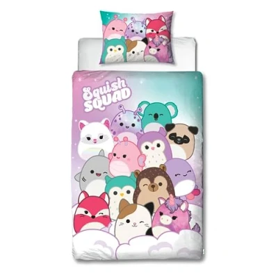 Afbeelding van Character World Squishmallows Beddengoedset voor eenpersoonsbed, omkeerbaar, dubbelzijdig, met bijpassende kussensloop, perfect kinderkamer, polykatoen