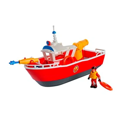 Afbeelding van Simba 109252580 Brandweerman Sam Titan Brandweerboot, speelbaar op land en in het water, met 2 verschillende waterkanonnen, figuur, accessoires, 32 cm, vanaf 3 jaar, rood