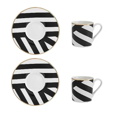 Afbeelding van Mikasa Luxe Deco Chinese Espresso Kopjes en Schoteltjes met Geometrische Streep, Set van 2, 100ml
