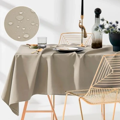 Afbeelding van ROOM99 Aura Tafelkleed, vuilafstotend, wasbaar, waterdicht, polyester, rechthoekig, decoratie voor het hele jaar, beige, 140 x 220 cm