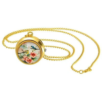 Afbeelding van JewelryWe Vintage zakhorloge voor dames, klassiek, verguld, rond, analoog, kwarts, horloge, hanger, met ketting Moederdag, Vogel a, a