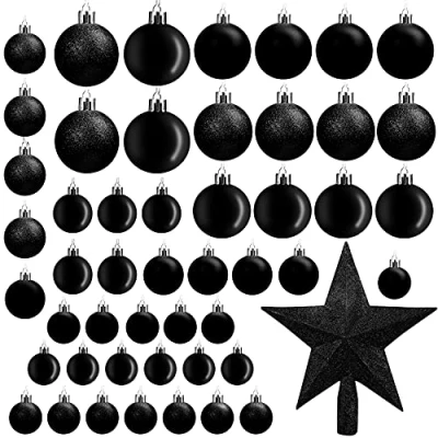 Afbeelding van Belle Vous 50 stuks zwarte kerstballen met ster glanzende dennenbal in verschillende maten 1 kerstboomdecoratie voor kerstfeest, decoratie binnen en buiten