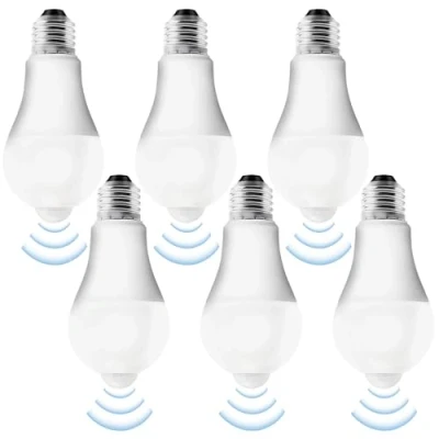 Afbeelding van Set van 6 E27 ledlampen met bewegingsmelder PIR E27, 12 W, koudwit, 6500 K, lichtsensor, spaarlamp, voor hal, garage, trap, balkon