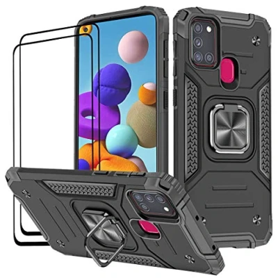 Afbeelding van KANSI beschermhoes compatibel voor Samsung Galaxy A21S, gehard glas, 2 stuks, TPU siliconen, 360 graden draaibaar, magneetsluiting, ring, dubbele verdediging, zwart