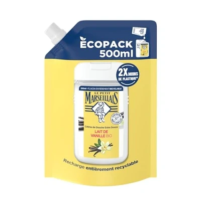 Afbeelding van Le Petit Marseillais Navulverpakking voor extra zachte douchecrème biologische vanillemelk (500 ml ecopack) 92% ingrediënten van natuurlijke oorsprong pH neutraal de huid en zonder