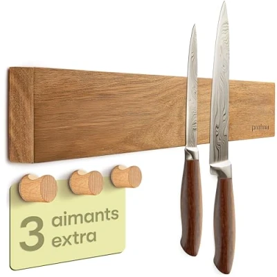 Afbeelding van Magnetische messenhouder 40 cm van acaciahout FSC® magneetstang voor messen met extra sterke magneet 3 handdoekhaken eenvoudige montage