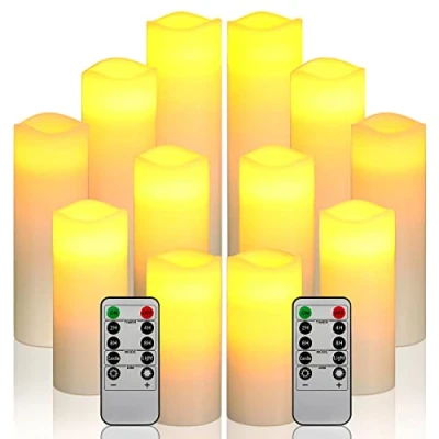 Afbeelding van Da by 12 op batterijen werkende LED kaarsen (2 x H 20 cm, 2 18 16 14 13 cm), ivoorkleurige waskaarsen met afstandsbediening (batterijen niet inbegrepen)