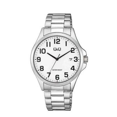 Afbeelding van Q&amp;Q A480J204Y Horloge Analoog Mannen Heren stalen band Rond Staal Cijfers Datumaanduiding Zilverkleurig Wit
