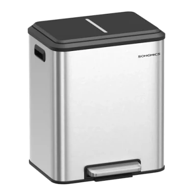 Afbeelding van SONGMICS afvalemmer voor de keuken, 2 x 15 l, dubbele recycling en huishoudelijk afval, vuilnisbak, binnenemmer, staal, zachte sluiting, pedaal, metallic zilver LTB544E01