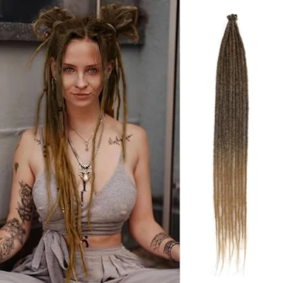 Afbeelding van Dreadlock extensions, 61 cm, synthetisch, hippie, enkelzijdige dreads, 10 strengen, schaduw, bruin, 0,6 cm breed, loc reggae stijl, gehaakt haar voor vrouwen (SE strengen 4/27)