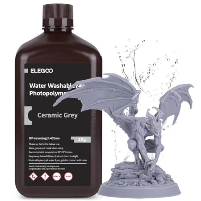 Afbeelding van ELEGOO Waterwasbare hars V2.0 voor 3D printer, LCD, UV, 405 nm, fotopolymeerhars, keramiek, grijs, 2000 g