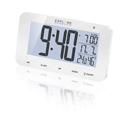 Afbeelding van Explore Scientific RDC1004 radiogestuurde bureauklok met led achtergrondverlichting, wit, alarm en snooze, werkt op batterijen