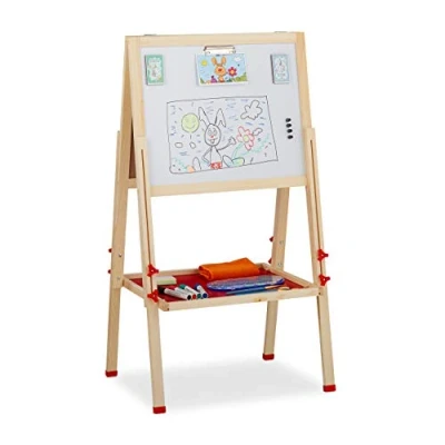 Afbeelding van Relaxdays schoolbord kinderen, whiteboard en krijtbord, hoogte verstelbaar, van hout, 102 135 x 55 52 cm, natuur