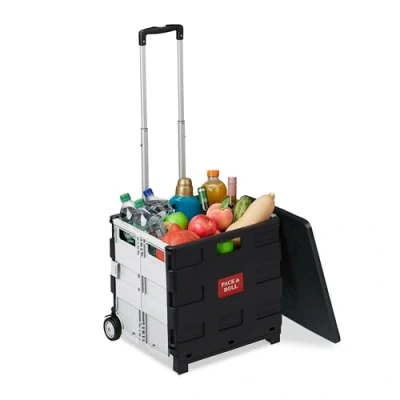 Afbeelding van Relaxdays boodschappentrolley vouwkrat boodschappenkrat inklapbaar 35 kg deksel