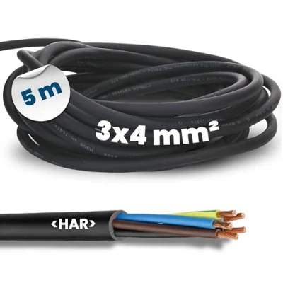 Afbeelding van Kalitec Rubberen kabel H07RN F 3 x 4 mm², 5 m met beschermgeleider voor buiten, zwarte elektrische kabel, flexibele bouwplaatskabel, uv en oliebestendig,