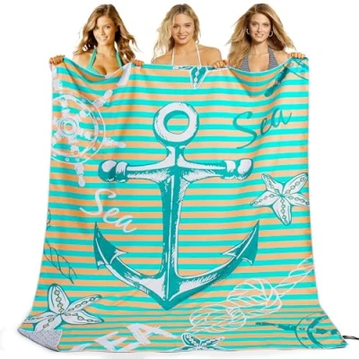 Afbeelding van KUOGAS Strandhanddoek, 200 x 140 cm, XXL, grote sneldrogende microvezelhanddoek, zandvrije badhanddoek, stranddeken (anker)