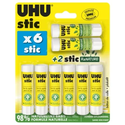 Afbeelding van UHU Stic lijmstiften zonder oplosmiddel, wit, 6 stuks à 8,2 g + 2 Renature stics