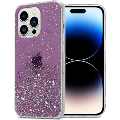 Afbeelding van Cadorabo Hoesje geschikt voor Apple iPhone 14 PRO in Paars met Glitter Beschermhoes van flexibel TPU silicone fonkelende glitters Case Cover Etui