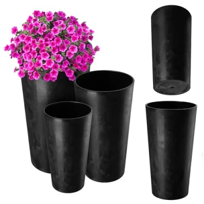 Afbeelding van KADAX bloempot met houtsnippers, elegante pot uitneembaar inzetstuk, voor kantoor, bloempot, tuinpot, zwart beton