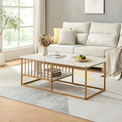 Afbeelding van Salontafel Raukurg marmerlook wit en goudkleurig 120x60x44 cm [en.casa]