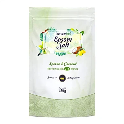Afbeelding van Nortembio Epsomzout 850 g. Badzout Citroen en kokosnootaroma. Magnesiumsulfaat gehydrateerd met vitamine C E. spierontspanning, aromatherapie goede nachtrust. E book inbegrepen.