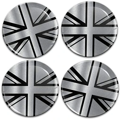 Afbeelding van Biomar Labs® 4 x 60 mm sticker 3D vlag British UK Union Jack zwart zilver siliconen voor naafdeksel wieldoppen embleem A 11060