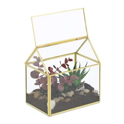 Afbeelding van planten terrarium 15x15x10 cm glas vensterbank goud