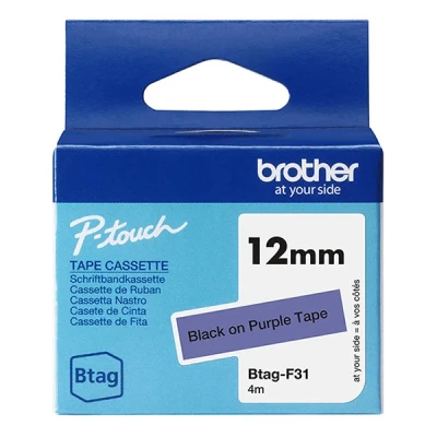 Image de Brother BTAG F31 Noir sur violet Rouleau (1,2 cm x 4 m) 1 cassette(s) boîte de suspension bande d&#039;étiquettes