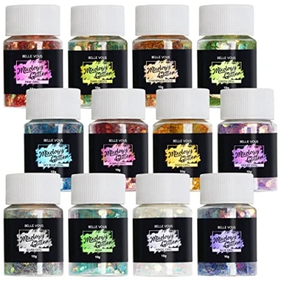Afbeelding van Belle Vous 12 Pak Fijn Holografische Glitter Poeder Set 10 g X Kleuren Materiaal voor Kunst, Hobby, Epoxy Gieten, Resin Pigmenten, Huwelijksdecoratie, Body/Face/Nail Art of DIY Slijm