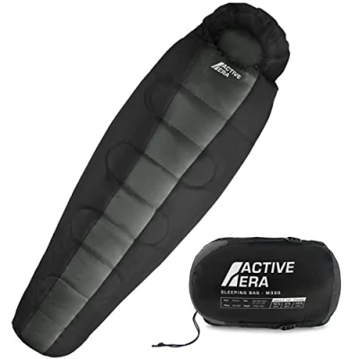 Afbeelding van Active Era Professional Premium Slaapzak 300 GSM Vulling en Waterafstotend Mummieslaapzak met Binnenzak 4 Seizoenen voor Kamperen, Camping, Backpacken, Hiken, Festivals, Logeren, Buitenhuis Volwassenen &amp; Kinderen 220x80cm Zwart
