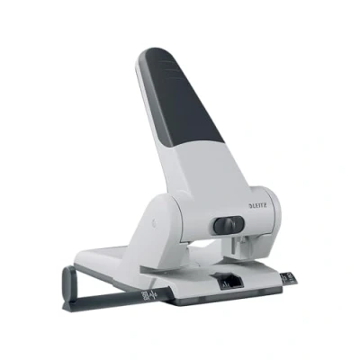 Afbeelding van Leitz Heavy Duty Perforator, Capaciteit tot 65 Vellen, 2 Gaats, Gatafstand van 8 Centimeter, Geleider met Formaatmarkeringen, Aluminium, 17,3 x 14,5 60 Zilverkleurig, 51800084