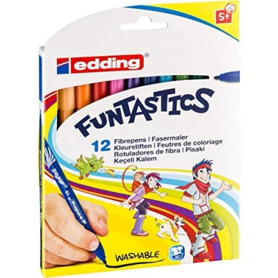 Afbeelding van edding 15 FUNTASTICS kleurstiften voor kinderen set van 12 felle kleuren 1 mm dunne punt kleurplezier op lichtgekleurd papier en karton afwasbaar huid textiel