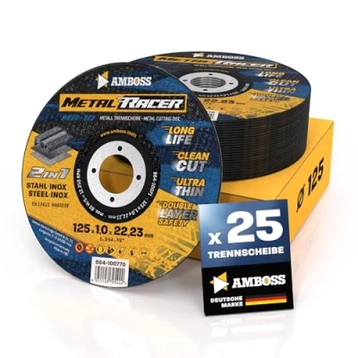 Afbeelding van Snijschijf 125 metaal (25 stuks) Ø x 1 22,23 mm metalen kettingschijf Metal Racer by AMBOSS WERKZEUGE slijpschijf voor staal, roestvrij staal en haakse slijper