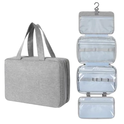 Image de AiQInu Trousse de Toilette, Pliable Grande Toilette Voyage pour Hommes et Femmes,Multifonction Imperméable Sac Cosmétique Organisateur avec Crochets, Gris 4 Fold, Home