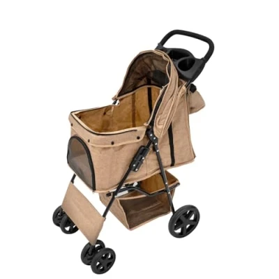 Afbeelding van Opvouwbare Huisdierenwagen met Organizer Tas, Veiligheidshaak, Kap, Mand en Regenhoes Beige, Draagvermogen 15 kg