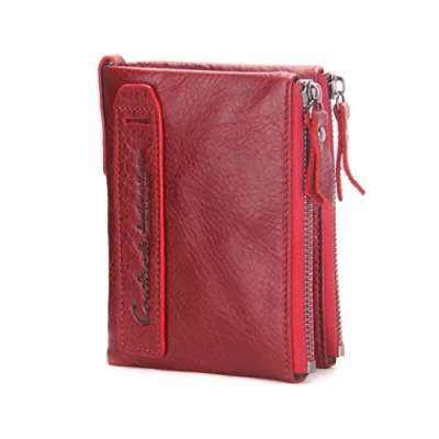 Afbeelding van Contacts Herenportemonnee van echt leer, dubbele zak met ritssluiting, Rood, Modern