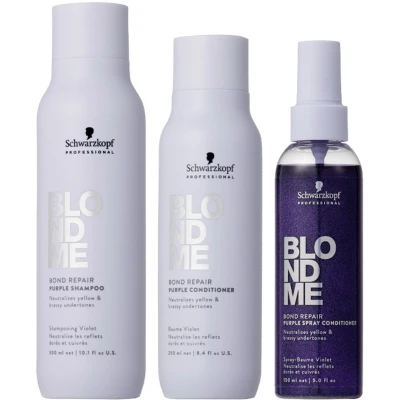 Afbeelding van Schwarzkopf BlondMe Bond Repair Purple Shampoo 300ml + Conditioner 250ml Spray 150ml bundel/set/pakket