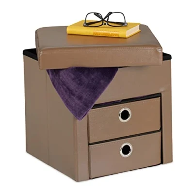 Afbeelding van Relaxdays poef met opbergruimte lades opvouwbare hocker taupe krukje kunstleer