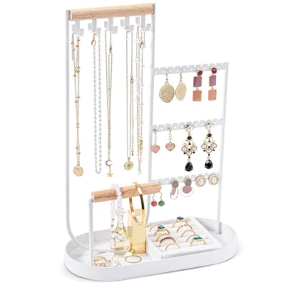 Afbeelding van Procase Sieradenhouder, sieradenstandaard voor dames, oorbelhouder, halsketting, armband, ring, sieradenhouder van metaal en hout, duurzaam, met fluwelen wit