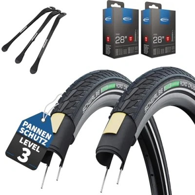 Afbeelding van 2er Set Schwalbe Road Cruiser Fahrradreifen Schwarz Reflex 28x1,40 Zoll (37 622) mit SV Schläuche &amp; 3x MSZweirad Reifenheber