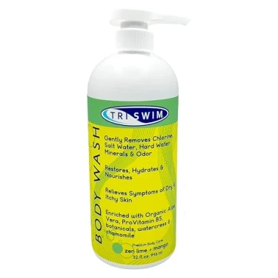 Afbeelding van TRISWIM douchegel voor het lichaam met chloorverwijdering, verzorgende na zwemmen, veganistische vochtinbrengende tegen chloor zwemmers, limoen en mango (946 ml)